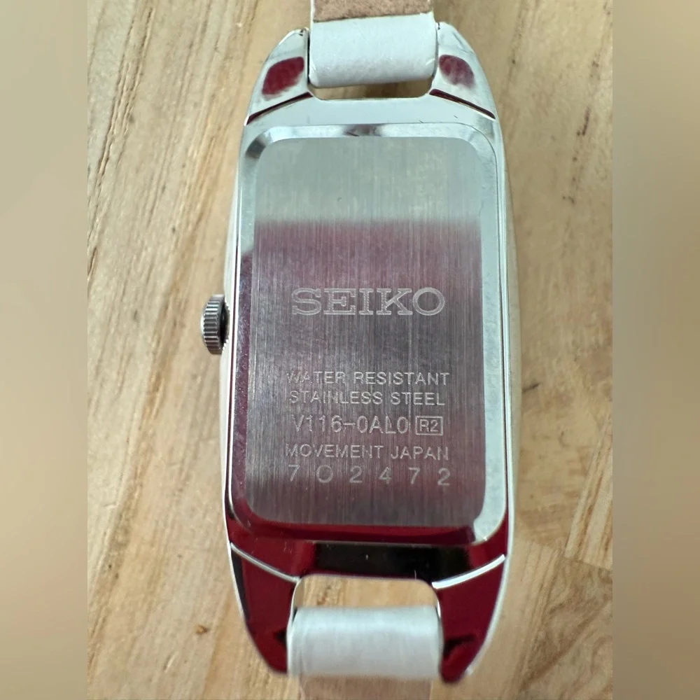 Seiko Solar ladies silver tone white leather double strap watch